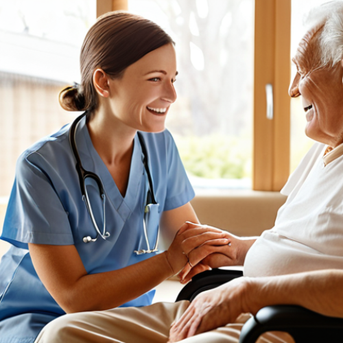 Home 19 A compassionate female caregiver gently holding the hand of a smiling elderly male patient with dementia in a modern, brightly lit dementia care facility. Natural light streams through large windows, illuminating comfortable, senior-friendly furniture. Subtle elements of advanced technology, like a digital display for personalized care or a discreet sensor, are visible in the background. The atmosphere is serene, reassuring, and dignified, conveying high-quality, tech-integrated and compassionate care. Realistic, warm tones, high resolution.