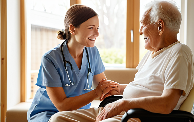 A compassionate female caregiver gently holding the hand of a smiling elderly male patient with dementia in a modern, brightly lit dementia care facility. Natural light streams through large windows, illuminating comfortable, senior-friendly furniture. Subtle elements of advanced technology, like a digital display for personalized care or a discreet sensor, are visible in the background. The atmosphere is serene, reassuring, and dignified, conveying high-quality, tech-integrated and compassionate care. Realistic, warm tones, high resolution.