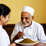 A serene, high-resolution photograph of an elderly Urdu-speaking man or woman (mid-70s to 80s) seated comfortably at a clean, modern dining table in a nursing home. They are gently smiling, with a plate of a beautifully presented, individualized meal in front of them. The food should look fresh, culturally appropriate (e.g., a well-garnished lentil and rice dish or a vibrant vegetable curry), and appetizing. In the soft-focused background, a professional dietitian or chef is subtly visible, perhaps interacting with a tablet displaying a personalized nutritional plan, symbolizing AI-assisted care. The atmosphere is warm, respectful, and highlights dignity and tailored support. Natural, soft lighting.