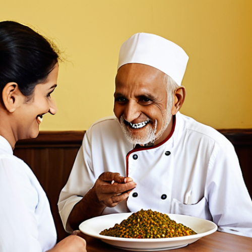 Home 18 A serene, high-resolution photograph of an elderly Urdu-speaking man or woman (mid-70s to 80s) seated comfortably at a clean, modern dining table in a nursing home. They are gently smiling, with a plate of a beautifully presented, individualized meal in front of them. The food should look fresh, culturally appropriate (e.g., a well-garnished lentil and rice dish or a vibrant vegetable curry), and appetizing. In the soft-focused background, a professional dietitian or chef is subtly visible, perhaps interacting with a tablet displaying a personalized nutritional plan, symbolizing AI-assisted care. The atmosphere is warm, respectful, and highlights dignity and tailored support. Natural, soft lighting.