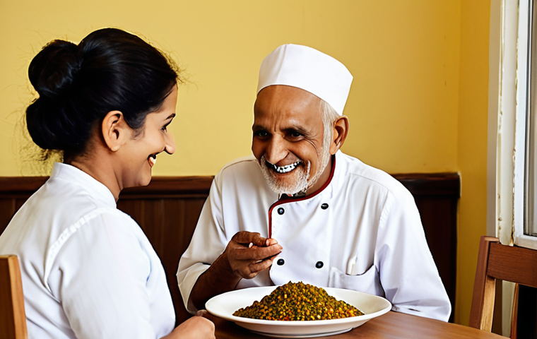 A serene, high-resolution photograph of an elderly Urdu-speaking man or woman (mid-70s to 80s) seated comfortably at a clean, modern dining table in a nursing home. They are gently smiling, with a plate of a beautifully presented, individualized meal in front of them. The food should look fresh, culturally appropriate (e.g., a well-garnished lentil and rice dish or a vibrant vegetable curry), and appetizing. In the soft-focused background, a professional dietitian or chef is subtly visible, perhaps interacting with a tablet displaying a personalized nutritional plan, symbolizing AI-assisted care. The atmosphere is warm, respectful, and highlights dignity and tailored support. Natural, soft lighting.
