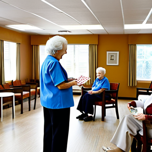 Home 8 **
A serene and well-maintained nursing home interior. Focus on the common area where elderly individuals are engaged in activities like playing cards, listening to music (a musician is playing), or reading. The room should be bright, clean, and comfortable with appropriate furniture. Include a friendly staff member assisting a resident. Safe for work, appropriate content, fully clothed, modest, professional photography, natural pose, correct proportions.
**