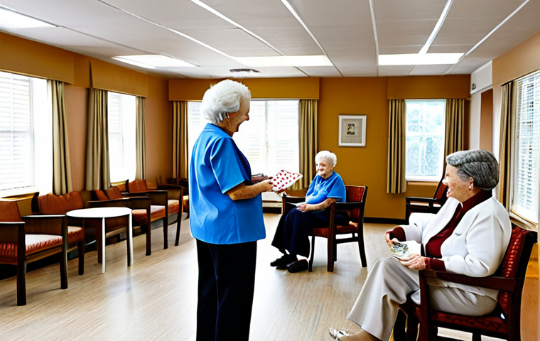 **

A serene and well-maintained nursing home interior. Focus on the common area where elderly individuals are engaged in activities like playing cards, listening to music (a musician is playing), or reading. The room should be bright, clean, and comfortable with appropriate furniture. Include a friendly staff member assisting a resident. Safe for work, appropriate content, fully clothed, modest, professional photography, natural pose, correct proportions.

**