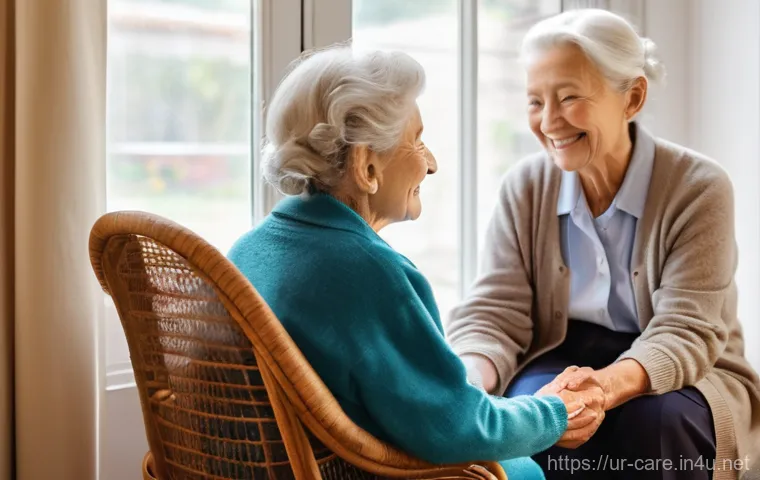 요양병원 입소 자격 조건 - **Prompt:** A heartwarming scene inside a modern, brightly lit old age home. An elderly woman, with ...