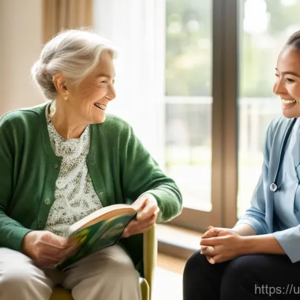 요양병원 내 치매 관리법 - A bright and spacious common area in a modern nursing home, designed with warm, natural lighting and...