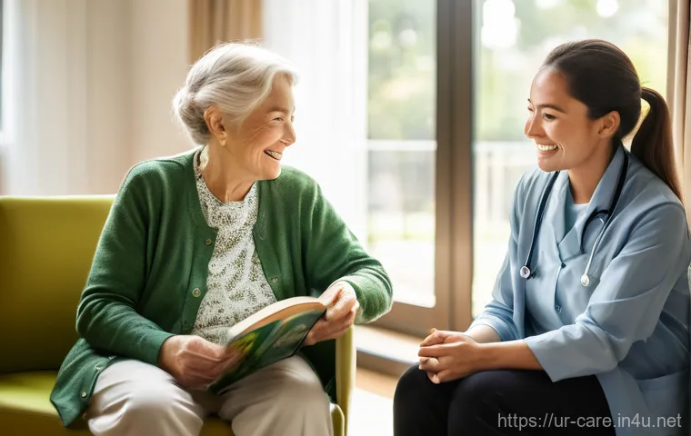 요양병원 내 치매 관리법 - A bright and spacious common area in a modern nursing home, designed with warm, natural lighting and...