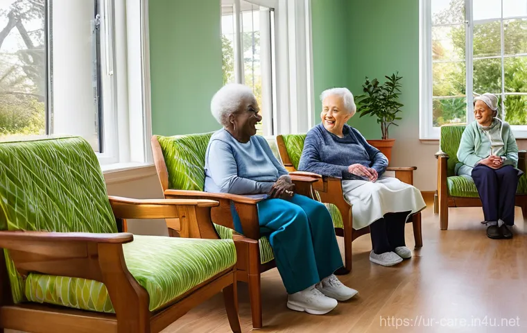 요양병원 하루 비용 - **Prompt:** A heartwarming scene in a well-lit common area of a modern nursing home. Several elderly...