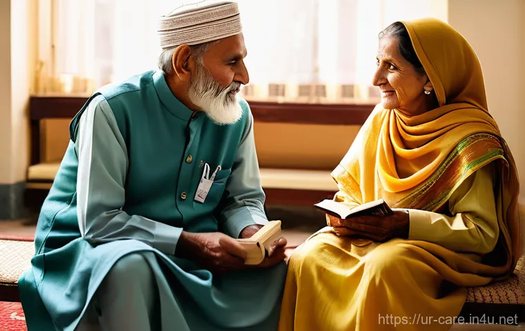 요양병원 의료보험 적용 - "A tranquil and warmly lit nursing home common area in Pakistan. Elderly Pakistani men and women, dr...