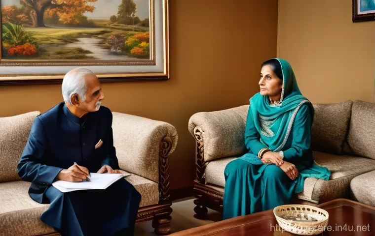 요양병원 의료보험 적용 - "A tranquil and warmly lit nursing home common area in Pakistan. Elderly Pakistani men and women, dr...