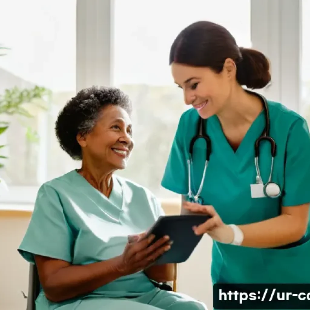 요양병원 환자 지원 프로그램 - **Prompt:** A warm and inviting scene inside a modern nursing home. An elderly woman, with kind eyes...