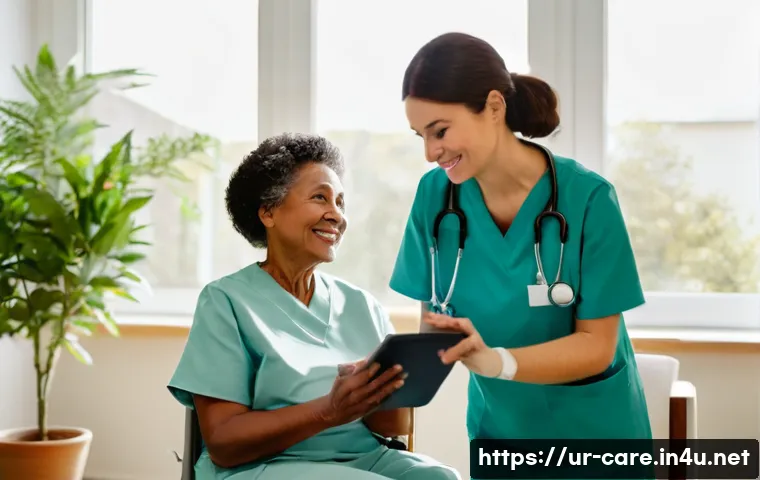 요양병원 환자 지원 프로그램 - **Prompt:** A warm and inviting scene inside a modern nursing home. An elderly woman, with kind eyes...
