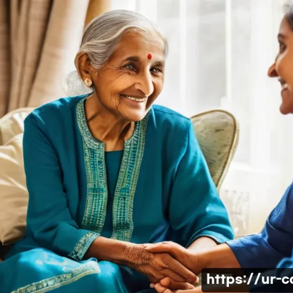요양병원 방문 시 유의점 - **Prompt:** "A heartwarming and serene scene inside a brightly lit care home. An elderly South Asian...