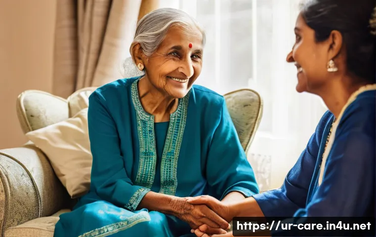 요양병원 방문 시 유의점 - **Prompt:** "A heartwarming and serene scene inside a brightly lit care home. An elderly South Asian...