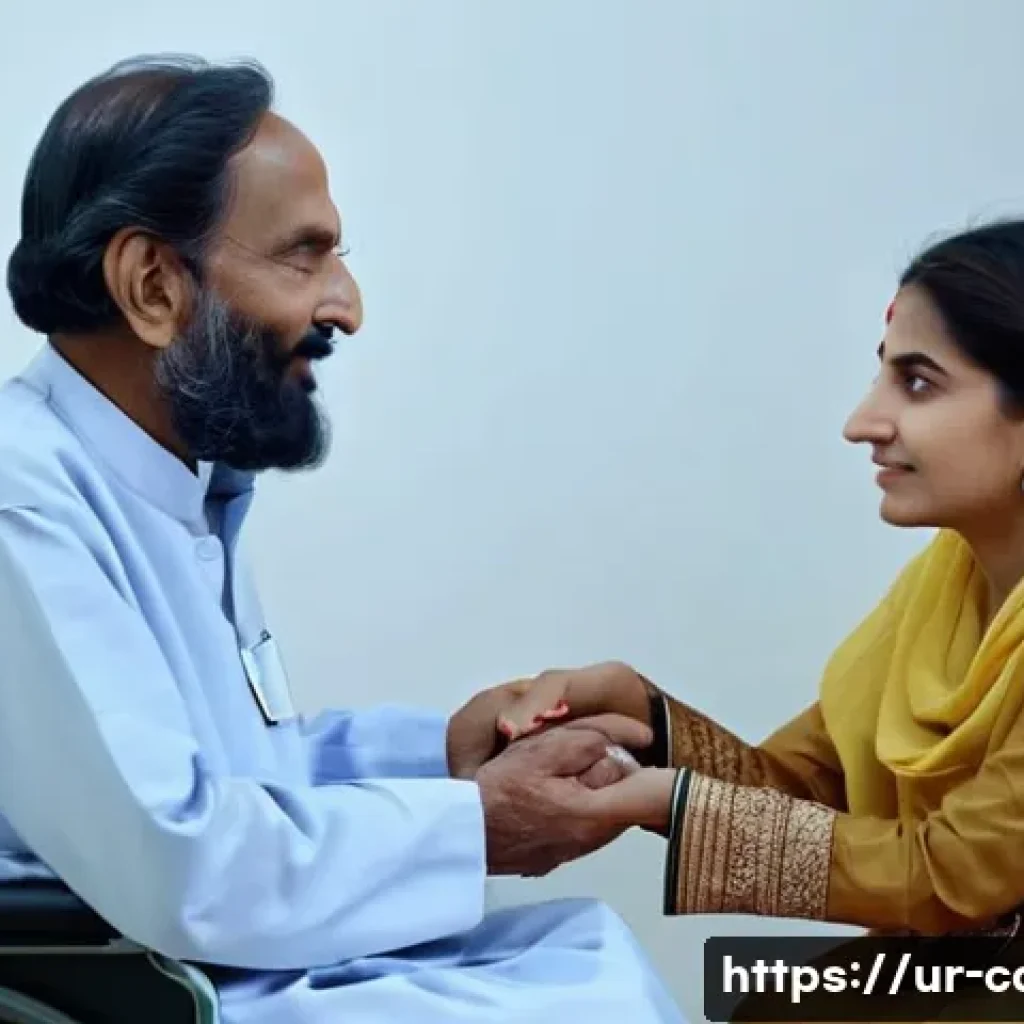 요양병원에서 관리하는 신경계 질환 - A compassionate nursing home scene in Pakistan featuring a female nurse providing emotional support ...