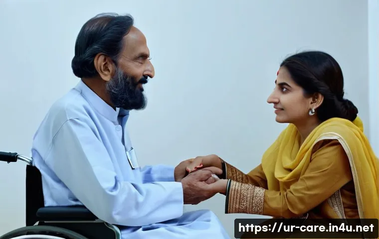 요양병원에서 관리하는 신경계 질환 - A compassionate nursing home scene in Pakistan featuring a female nurse providing emotional support ...