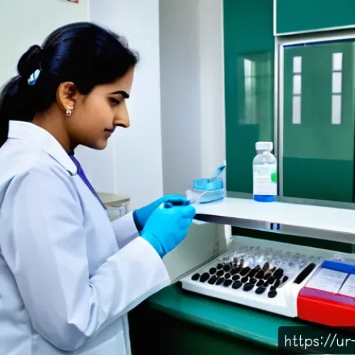 Home 33 요양병원에서 가능한 검사 항목 - A modern medical laboratory scene in a Pakistani hospital setting, showing a skilled female lab tech...