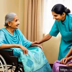 Home 19 요양병원에서 관리하는 뇌졸중 사례 - A compassionate home care scene of an elderly Urdu-speaking stroke patient wearing comfortable, mode...