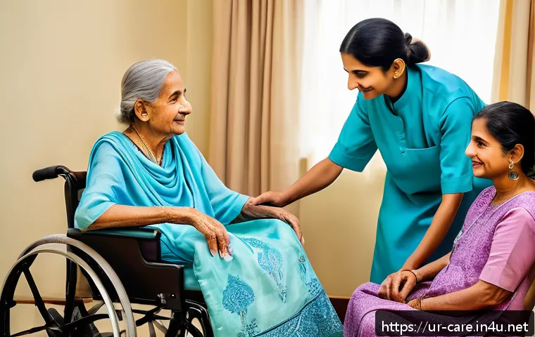 요양병원에서 관리하는 뇌졸중 사례 - A compassionate home care scene of an elderly Urdu-speaking stroke patient wearing comfortable, mode...