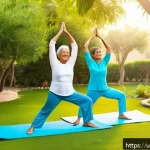 Home 18 노인성 질환 예방 요양 - A vibrant and detailed scene of an elderly South Asian man and woman engaging in light yoga and bala...