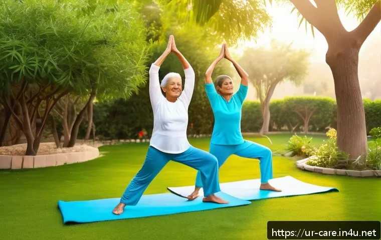 노인성 질환 예방 요양 - A vibrant and detailed scene of an elderly South Asian man and woman engaging in light yoga and bala...