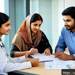 Home 23 요양병원과 의료보험 적용 한도 - A detailed illustration of a middle-aged South Asian family consulting with a healthcare insurance a...