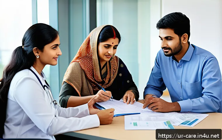요양병원과 의료보험 적용 한도 - A detailed illustration of a middle-aged South Asian family consulting with a healthcare insurance a...